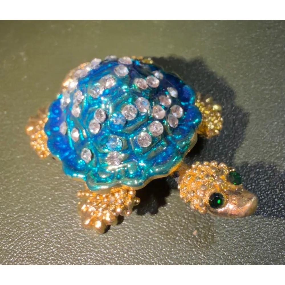 Rhinestone Turtle Trinket Box Women OS Blue Gold Enamel Hinged New
